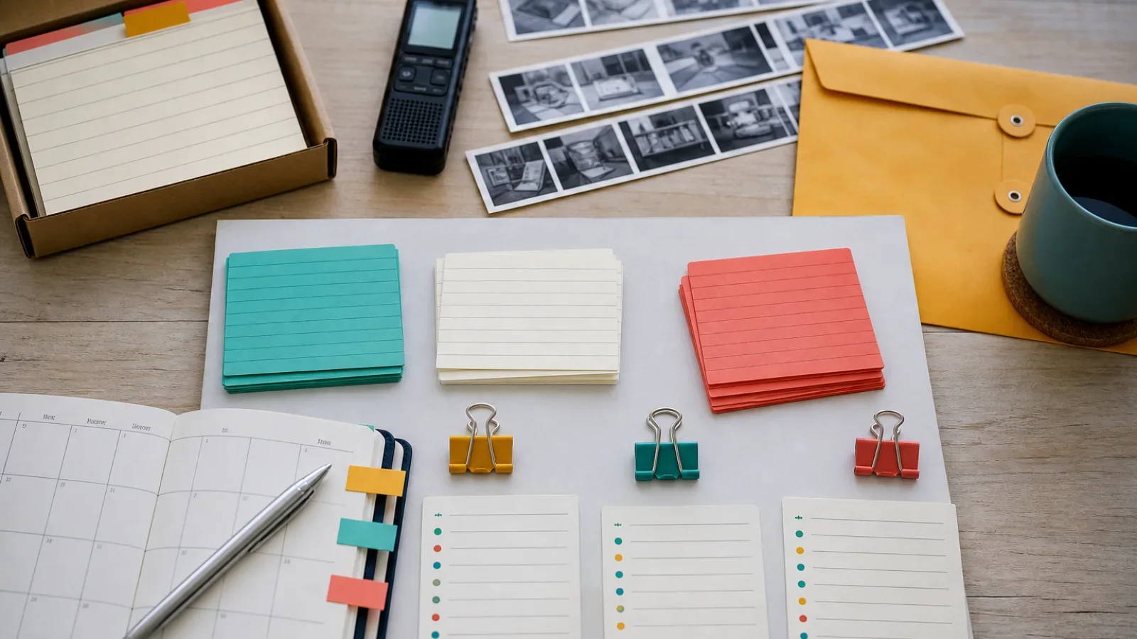 Grabadora, tiras fotográficas en blanco y negro, fichas de colores, calendario y tarjetas de medición ordenadas.