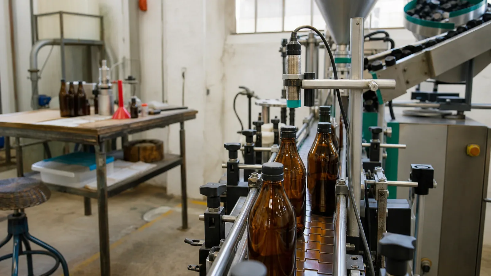 Línea de embotellado con sensor, cinta transportadora, alimentador de tapones y estación manual al fondo.