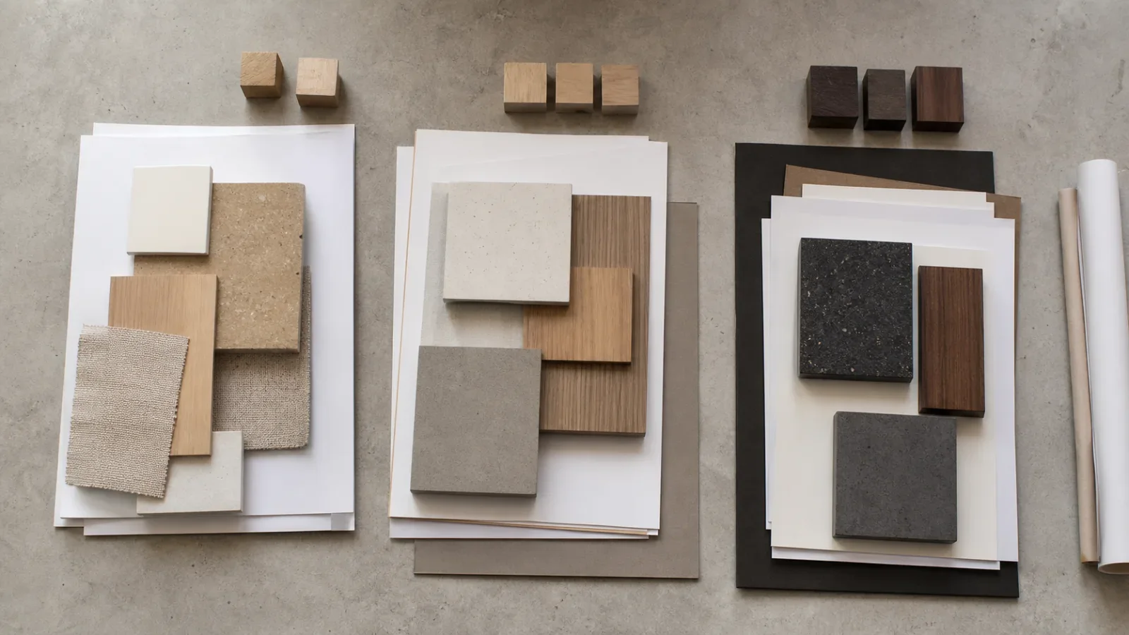 Tres grupos de muestras de materiales y bloques de madera organizados sobre una mesa.