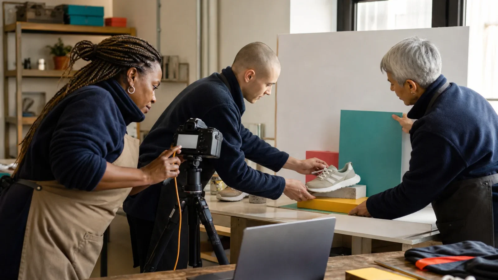 Tres profesionales preparan el fondo, el producto y la cámara para fotografiar unas zapatillas.