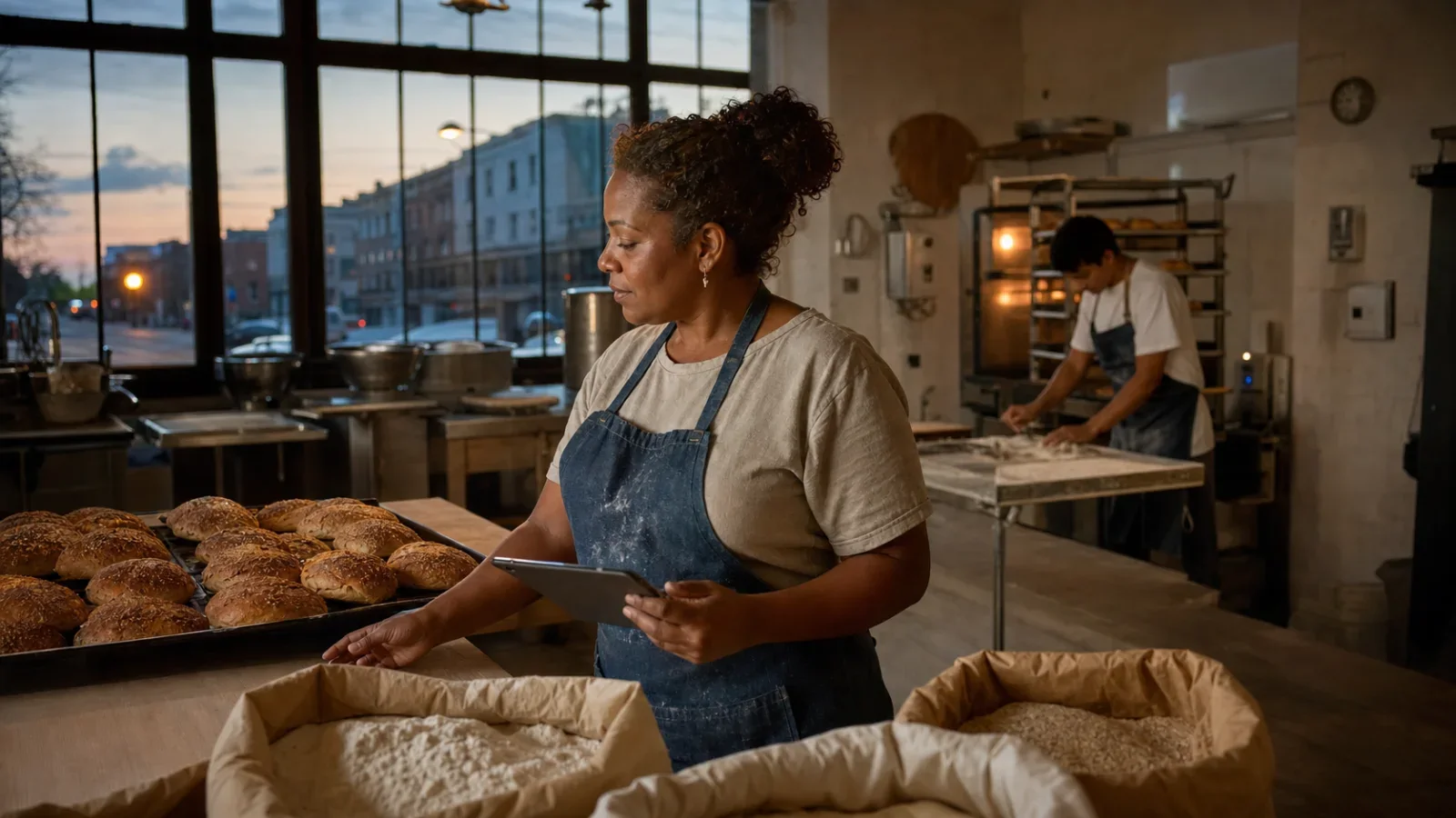Una empresaria revisa la producción y los insumos de su panadería.