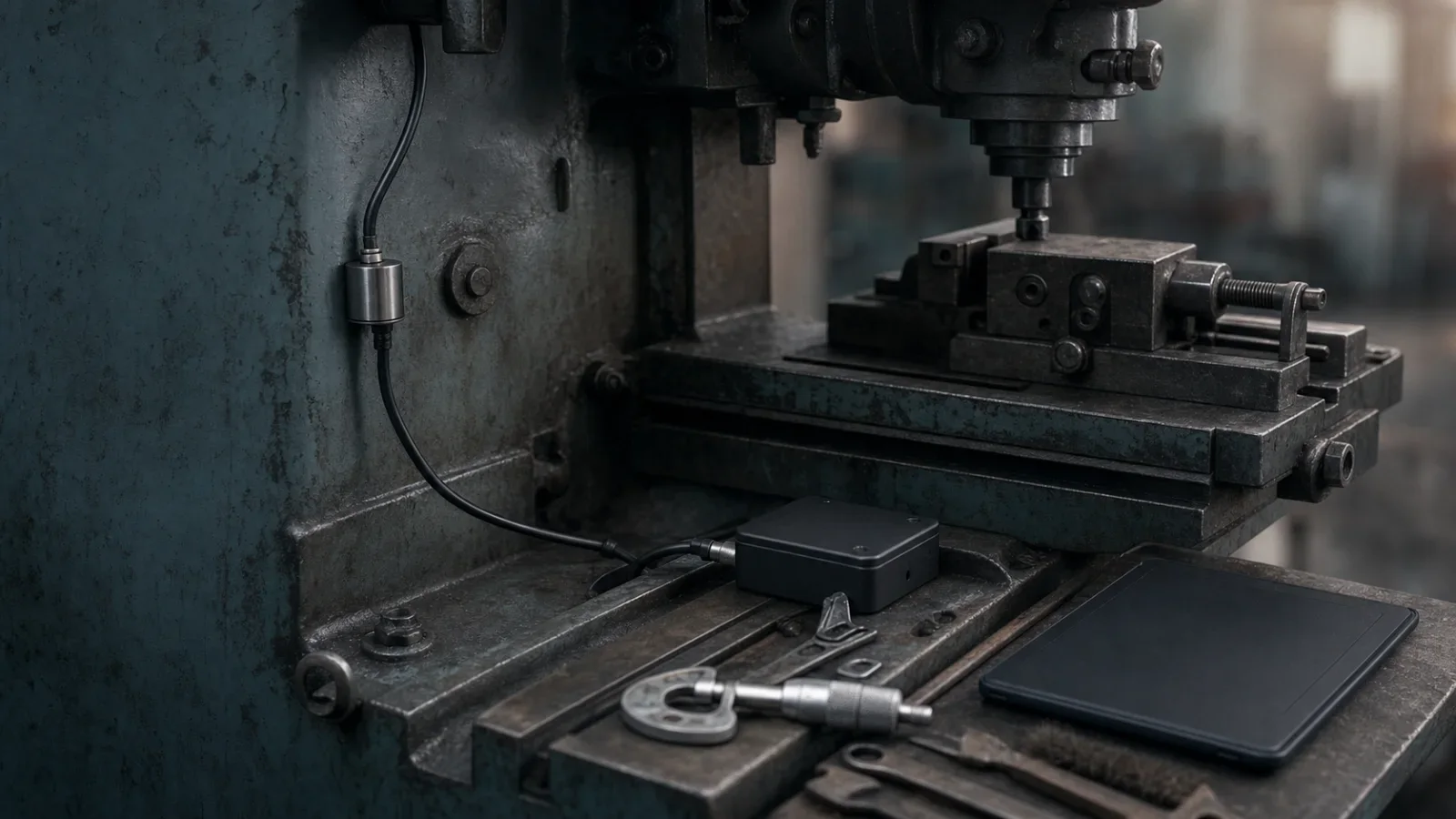 Una fresadora antigua incorpora un sensor, una pequeña caja de computación y una tableta junto a sus herramientas.