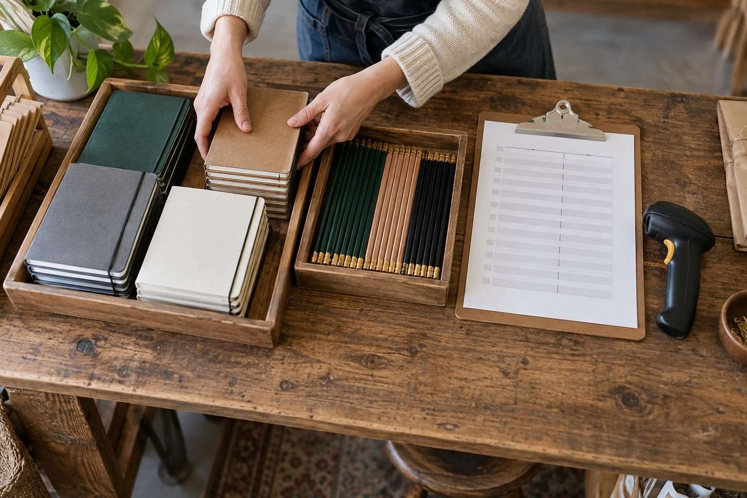 Cómo hacer inventario de una tienda sin perder el control del día a día — Imagen 2 Manos organizando cuadernos y una hoja de recuento sobre una mesa.
