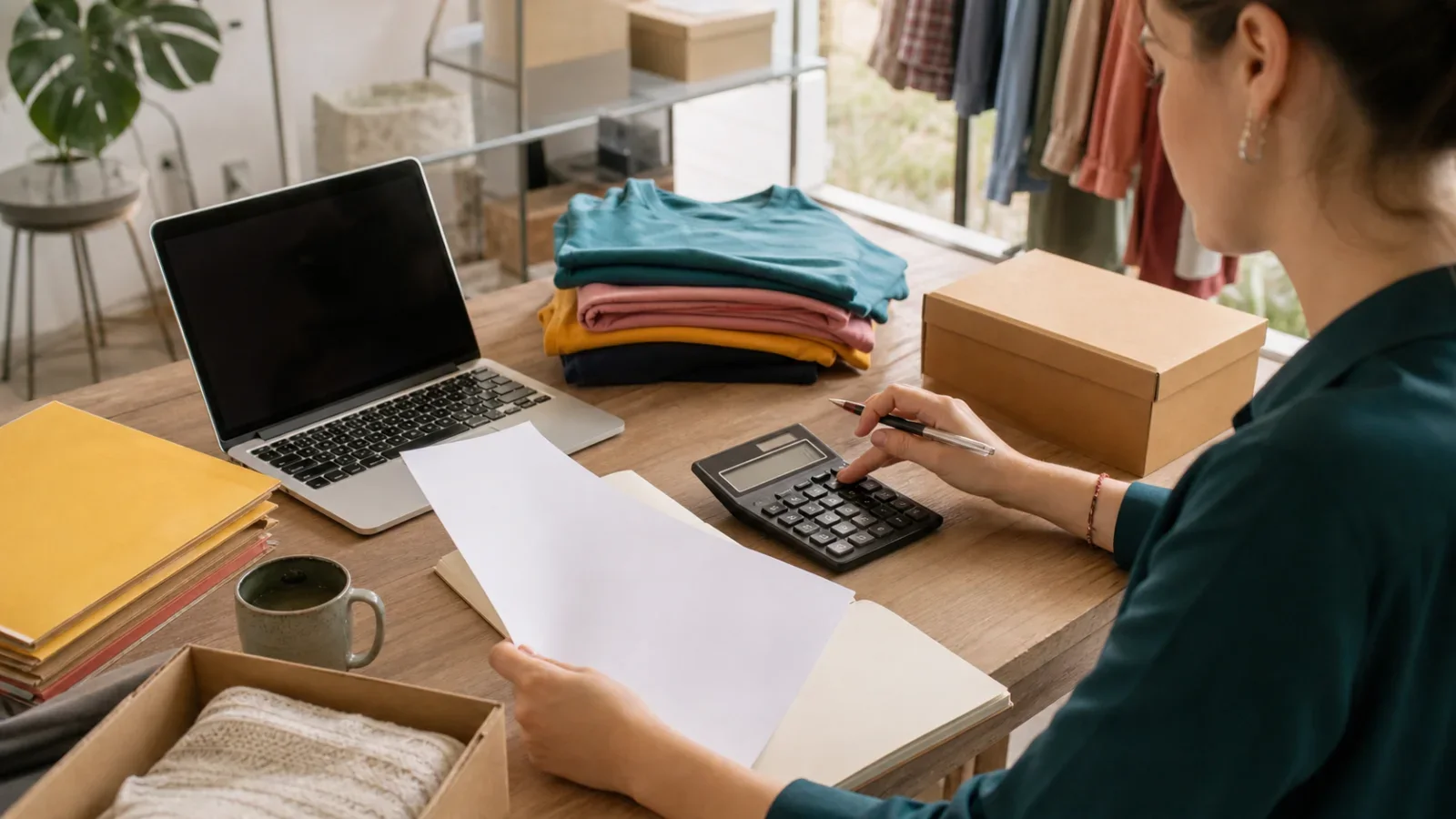 Una persona revisa costes y márgenes junto a un portátil, una calculadora y muestras textiles.