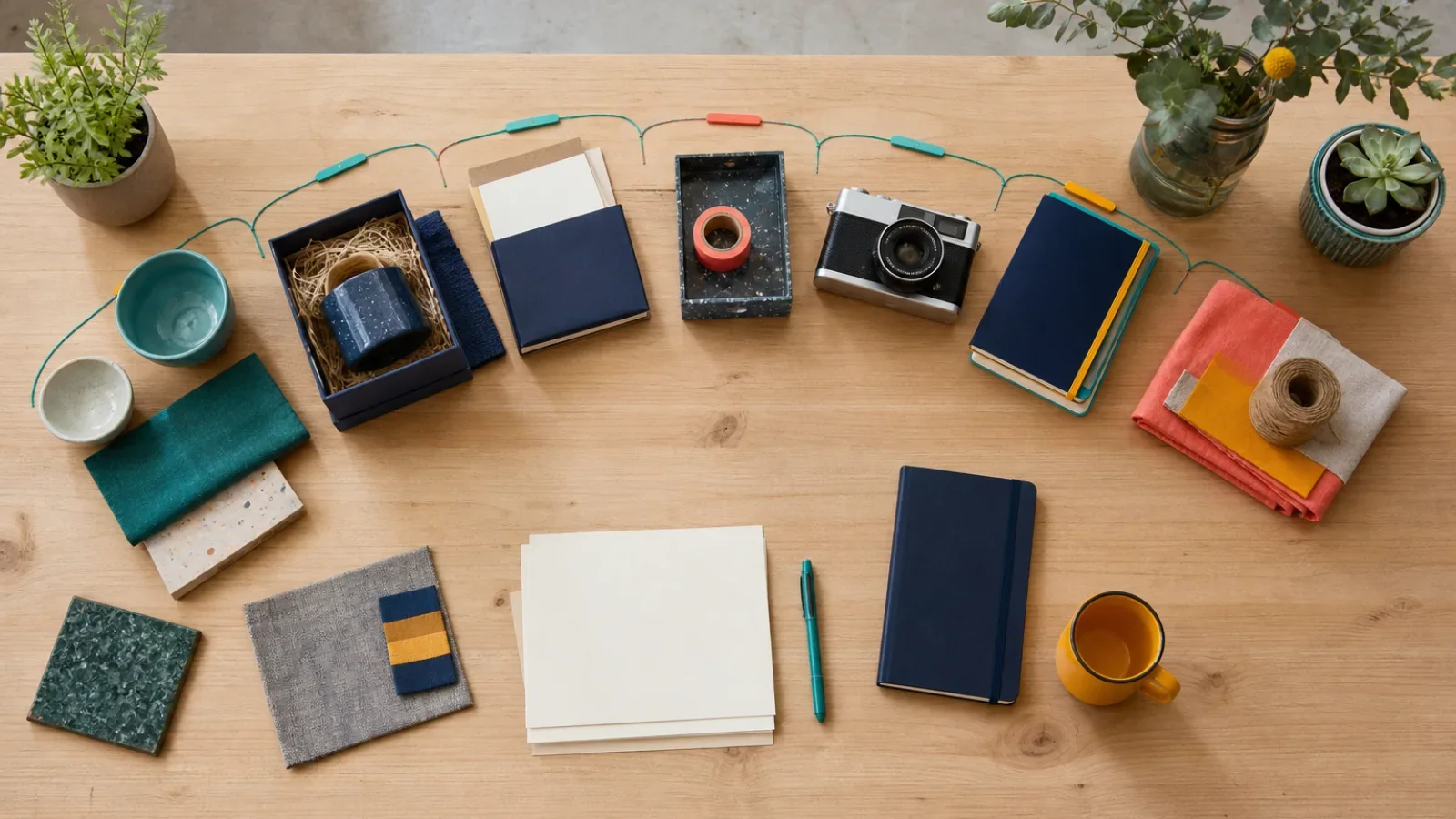 Arco de muestras, cámara, cuadernos, tejidos y materiales de envío sobre una mesa.