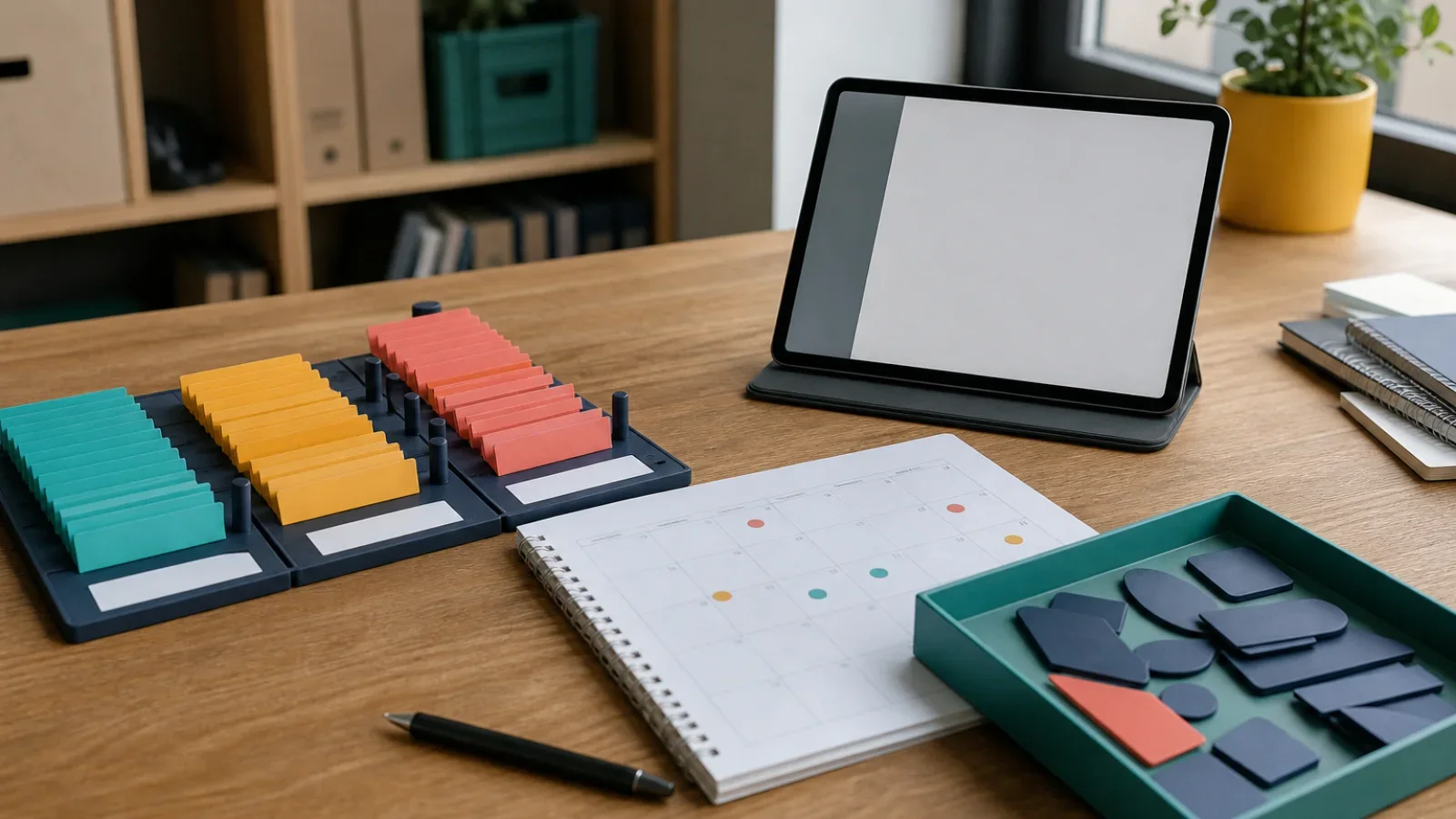 Organizador modular de clientes, calendario, piezas apartadas y tableta con pantalla en blanco.